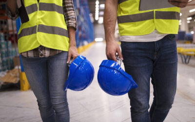 Two unrecognizable workers in reflective suit walking through warehouse and holding blue protective hardhats.